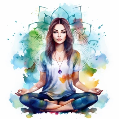 Young woman in yoga lotus pose with eyes open. pale watercolor mandala background, isolated clipart, gradient watercolor-- seed 3031338457