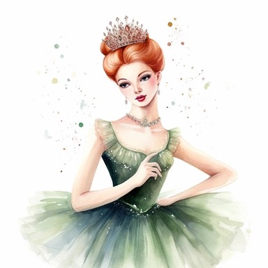 make a clipart of a beautiful ballerina in a green jeweled tutu, give her red hair in a bun wearing a jeweled tiara, use pastel colors, watercolor style white background