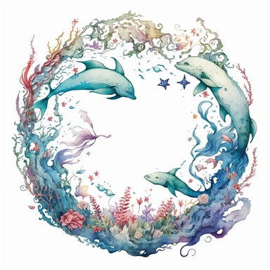 watercolor white background, no text, high resolution, in the center of a circular frame, depths of the ocean with a mesmerizing pentagram clipart surrounded by swirling currents and vibrant coral reefs. Graceful mermaids and mythical sea creatures dance beneath the waves, creating an otherworldly scene of aquatic beauty.