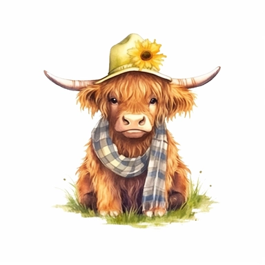 Create a charming watercolor clipart of a Highland Cow with full body character, wearing a summer hat and sitting on grass in a close-up view. The artwork should have high focus, Very High Quality image resolution, and Ultra HD clarity. Placing the illustration on a solid white background will enhance the details and create a visually stunning and refined composition