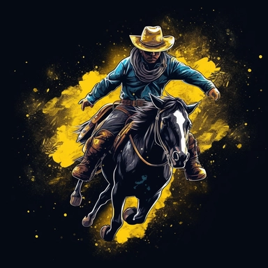 Cowboy bull ride rodeo illustration, nebular mix background, black and yellow color, clipart, photorealistic illustration, watercolor, high detail, 8k polished, 8k, vibrant colors, sticker, majestic, die cut, black background