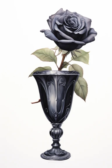 A highly detailed watercolor and pencil drawing of a clipart of black Rose in a vase gracefully showcased on a isolated white background,, The flower is meticulously rendered, capturing the intricate details of its petals, stamen, and sepals. The combination of watercolor and pencil techniques adds depth and dimension to the drawing, with the watercolor providing soft washes of color and the pencil adding fine lines and delicate shading. The drawing highlights the flower's elegant structure,emph