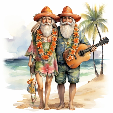 gnomes couple (man and woman) in Hawaii beach outfit, vibrant color, clipart, watercolor illustration, white background