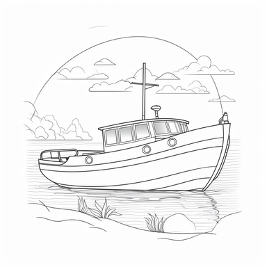 coloring page for kids of boat, white neutral background, clean line art, low details , 1,5px thick black lines, clipart