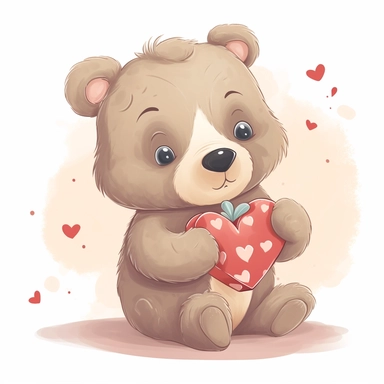 Clipart of a cute baby bear with a heart-shaped gift on a white background