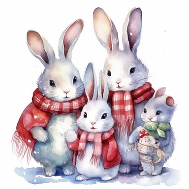 charming family of 4 bunnies, Christmas morning, festive decor and mood, ornamental watercolor, clipart