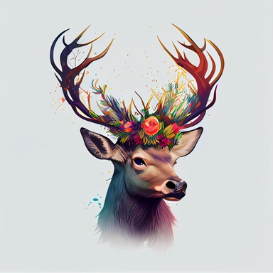 Colorful art of a deer with a crown, clip art, no shadow, white background, hd hdhd, 8k, sharp,