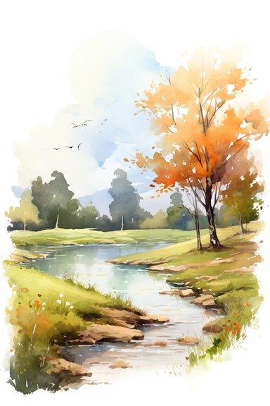 watercolor clipart of a beautiful landscape, vibrant, high quality, detailed, soft colors, flat white background