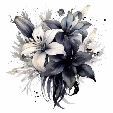 A bouquet of black lilies, symbolizing the mystery and elegance of the gothic style clipart, white background, watercolor drawing