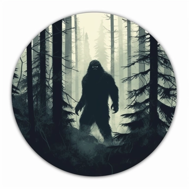 bigfoot in dark woods, painting circular clipart sticker, no mock-up, white background