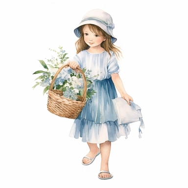 watercolor, hyper realistic, white background, white margins, 16k, ultra detailed clipart, cut out image, hand-drawn a girl in a dress with flowers and basket in front of her, in the style of dark white and light blue, children's book illustrations, soft watercolours, pictorial fabrics, light emerald and light brown, light white and light blue, magical