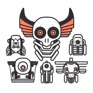 a set of black line clipart inspired by owl mutants and cyborgs and killer robots and 1980s dark scifi films and our dystopian techno-corporate oligarchy
