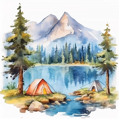 watercolor clipart of mountain, lake scenery with camping tents along the bank