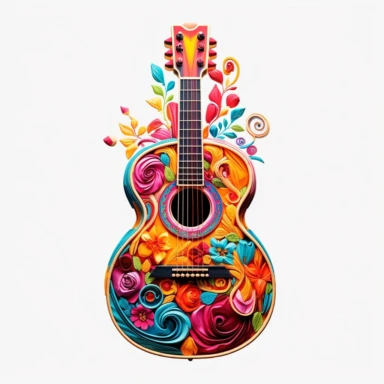 Against a white background, a clip art image showcases a meticulously detailed depiction of a guitar, adorned with vibrant and colorful elements. The guitar takes center stage, with its body and strings intricately illustrated to capture its essence. The body of the guitar features a vibrant burst of colors, blending seamlessly from one shade to another, evoking a sense of energy and creativity. Music notes, represented by a variety of shapes and sizes, dance playfully around the guitar, symboli