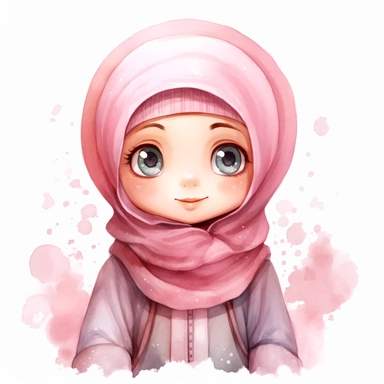 Aisha Hisan, a beautiful 5 year old girl wearing hijab, pink dress, pink hijab, pink clothes, Watercolor Clipart, strybk, full Illustration, 4k, sharp focus, watercolor, smooth soft skin, symmetrical, soft lighting, detailed face, concept art, watercolor style, strybk, children's style fairy tales, chibi kawaii, . Octane rendering, 3d. Perfect face, detailed face, delicate face, perfect sharp lips, detailed eyes. Craig Davison, Aubrey Beardsley, Conrad Roset, Aikut Aidogdu, Agnes Cecil, watercol