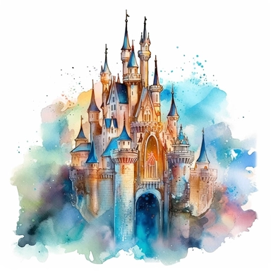A magical watercolor fantasy castle clipart, its whimsical architecture painted with a blend of vibrant and muted watercolor pigments, the castle rising majestically against a backdrop of fantastical landscapes, the details of each tower and rooftop meticulously crafted with delicate brushstrokes, evoking a sense of enchantment and mystery, ideal for adding a touch of magic to your designs, 4k