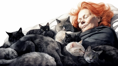 illustration clipart of elder woman ,redhaired,laying in her bed relaxing, black Cats lying next to her, hyperrealistic, white background