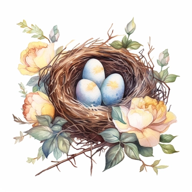 handprinted Watercolor Bird Nests Clipart, flowers, and leaves, 3 eggs on the nest and the bird sit beside on the nest.