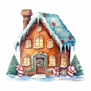 Cute Christmas gingerbread house watercolor clipart