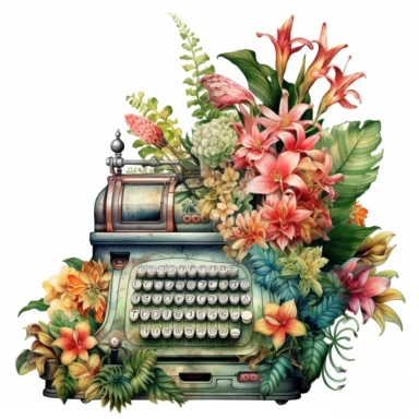 a watercolor enchanted old and used 1900 cash register profil view, enchanted collector's item surrounded by an arrangement of a number of dramatic extravagant saturated digital green 3D giant tropical flowers, in the style of large-scale photography, lush detailing, watercolor style, pastel colors, playfully intricate, made of flowers, bloomcore, clipart, transparent png background