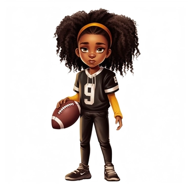 Cool cute black kid football, cool football clothes, female black girl, watercolor style, clipart solid white background