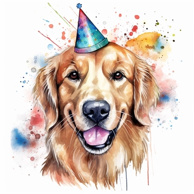 watercolor of a birthday golden retriever isolated on a white background, detailed ,realistic ,rtx on,textural richness,colorful imagery,digital illustration, clipart,