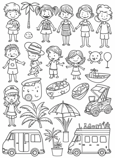 monochrome lineart vector outline of a kids summer vacation on white background clipart set single elements with margin, in drawing style of pinkfong, in colouring page style