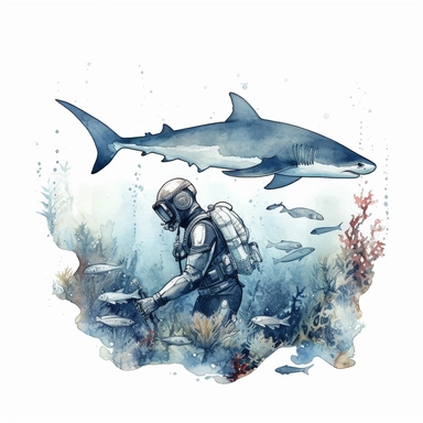 Watercolor clipart consist of scuba diver swimming with a shark at the sea surface. The scuba diver is swiming while touch the shark head. The view is from above by drone. Focus on playfull atmosphere between scuba diver and shark in the middle of the sea. Produce very high detailed image. Left some empty white space around.