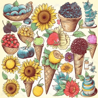 clipart collection of playful ice cream cones, colorful tropical fruits, refreshing lemonade stands, and radiant sunflowers, elements, dotted, no background, thick lines, simple style, watercolors, flat illustrations, ink pen outlines, no shading, washed-out, no text,
