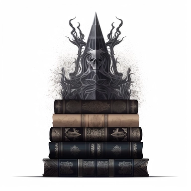 Create an impressive clipart of a clean, dark wizard's book stack on a pure white background. The design should incorporate elements of the gothic and fantasy genres, with dark hues and ornate designs on the books' spines. The lighting should be moody and shadowy, with a focus on the intricate details of the books' covers. The book stack should be perfectly symmetrical to create a sense of order and balance. Use a macro lens to capture the intricate details of the books' designs and play with th