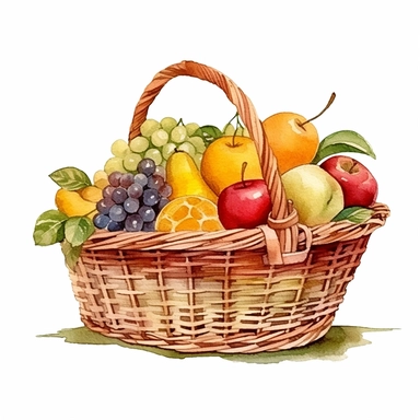 one basket fruit watercolor clipart on white Background, in the style of elaborate fruit arrangements, realistic landscapes with soft, tonal colors, colorful pixel-art, extravagant table settings, wimmelbilder, nature scenes, tightly cropped compositions , no watermark, text, words, paintbrush, 300 DPI , typography, the images do not stick together, no text in the picture, there are no words in the tree