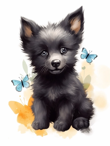 cute happy black wolf cub with butterfly on the nose, pastel watercolor, clipart, solid background
