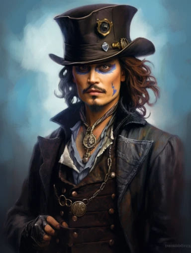 Johnny depp as steampunk mat hatter, clipart png, realistic, digital painting,fantasy style, realistic, painting, watercolor, 8k, ultra details,