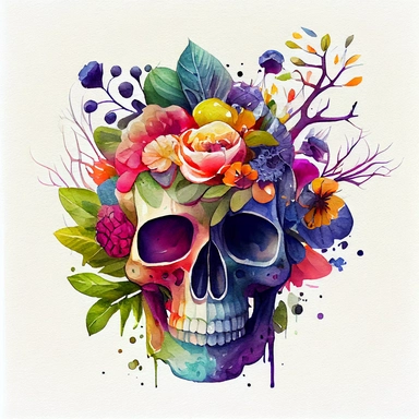 Watercolor floral skull for halloween and day of the dead design, white background, watercolor ,cartoon illustration , extremely detailed,cartoon, clipart, white background, 8k, hd