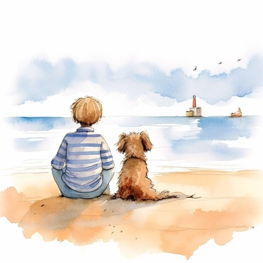 Watercolour cozy sitting on sand with dog by beach clipart