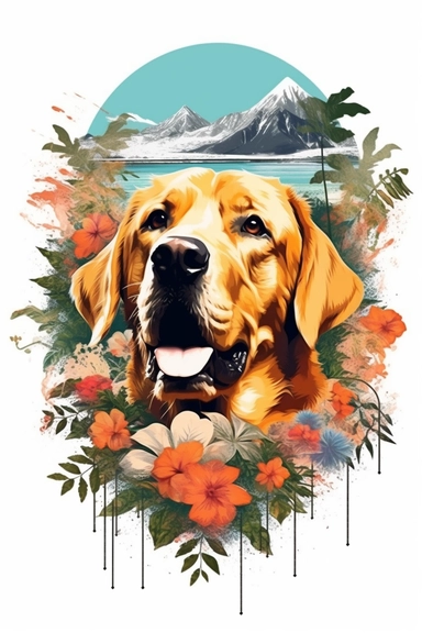 white background, dog, 3d, super closeup, sticker, photorealistic, artwork of t shirt graphic of majestic forest, in digital painting style , beautiful flowers, sunset mountains and clouds , big vines, plants sorround, highly detailed clean, vector image, photorealistic masterpiece, professional photography, realistic, flat white background, isometric, vibrant vector, clipart, illustration, realism, 4k, , cinematic, front view, paradise, extremely white background