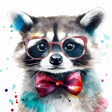 please create watercolor clipart of a raccoon smiling, wearing party GLASSES AND BOW TIE and bubbles, colorful, WHITE BACKGROUND