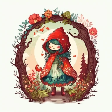 Boho style illustration, clipart, sublimation drawing Alien Little Red Riding Hood. Bright colorful colors. White empty background, high quality 8k, quality detail