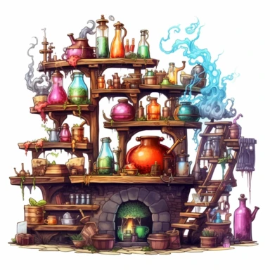 a clipart showcasing an enchanting potion brewing station, complete with bubbling cauldrons, swirling smoke, and shelves filled with colorful potion ingredients, 4k, details, white background