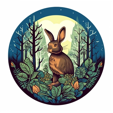 cute vivid color clip art of a rabbit in the woods, bold color with a border on a white background