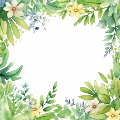 Create a cottagecore and charming square frame. The frame will serve as clipart and celebrate the beauty of nature. A square frame composed of delicate watercolor leaves arranged along the edges. The leaves are tinted with vibrant hues of green, capturing the lushness of nature. Interspersed among the leaves are charming daisies and forget-me-nots, adding a whimsical touch. Leaves should be carefully tinted with vibrant hues that capture the essence of nature's lush foliage. The watercolor techn