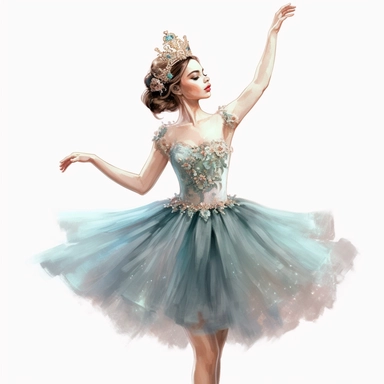 make a clipart of a beautiful photorealistic ballerina in a teal jeweled tutu, give her brown hair with a jeweled crown, she should be doing an arabesque, use pastel colors, watercolor style, white background