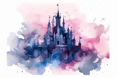 castle disney, watercolor clip art, in the style of light magenta and dark azure, dreamlike abstraction, shaped canvas, mist, dreamlike composition, eye-catching, medieval-inspired