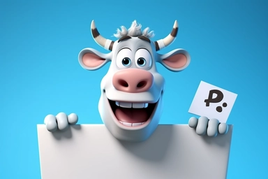 character cartoon cow with banner in clipart 3d image, in the style of unreal engine 5, natalia rak, movie still, matte photo, lightbox, relief, white and cyan