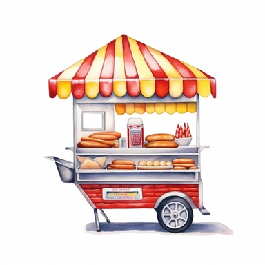 hyper-realistic high-detailed watercolor clipart of a mobile hot dog stand on a white background. The stand should have a sleek and compact design, reminiscent of the iconic New York street style. Depict a streamlined cart with a simple color palette, such as silver or gray, with pops of red and yellow accents. Ensure the clipart includes essential elements such as the serving window, grill, condiment area, and a small seating counter if desired. Emphasize the presence of the grill, showing it a