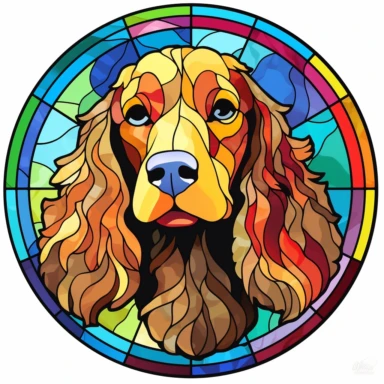 Multi Colored Stained Glass cocker spaniel dog Sublimation Clipart, Stained Glass cocker spaniel dog Portrait, Mandala background Stained Glass, Colorful Stained Glass, Suncatcher, Rainbow style of Stained glass, Colorful Stained Glass, Cricle Stained Glass, on white background, by Stained Glass