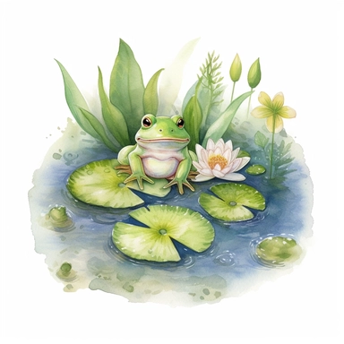 Watercolor Lily Pond Clipart - springtime cute lily pad and frog pond , white background, no text