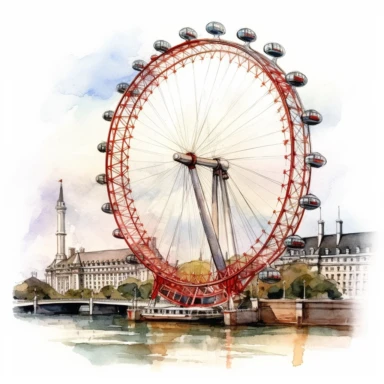 London eye UK, watercolour illustration clipart, extremely detailed, 4k, high quality, isolated on white background