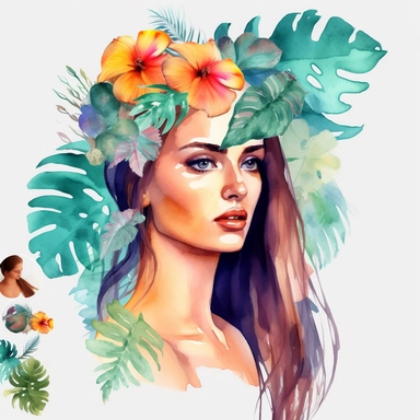 watercolor A woman's face, full body, Palm leaves - Palm leaves are large, fan-shaped leaves that are often associated with tropical locations and warm weather. They are popular in summer-themed decor and are often used to create a beachy vibe. with flowers and leaves adorning her hair. hair up with flowers vividly bold designs png Full body realistic cartoon in 32K UHD cute. 15 cm thick outline. Black color. There was no shadow on the ground. 8k with realistic watercolors. and detailed illustra