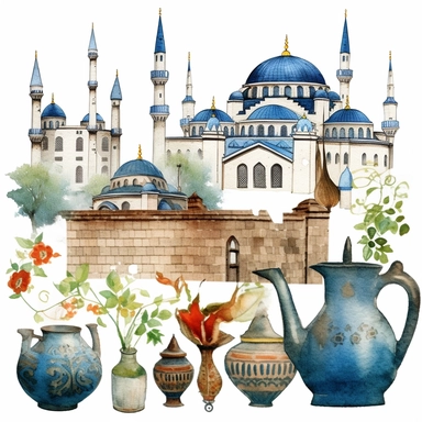 Turkish cultural symbols and elements such as traditional patterns, fabrics, or ornaments. Blend these cultural symbols with floral elements to create a fusion of city aesthetics and natural beauty, 4k style raw Watercolor istanbul grand bazaar, illustrations clipart set, simple, , cartoon elements, different variants, separate elements with a margin